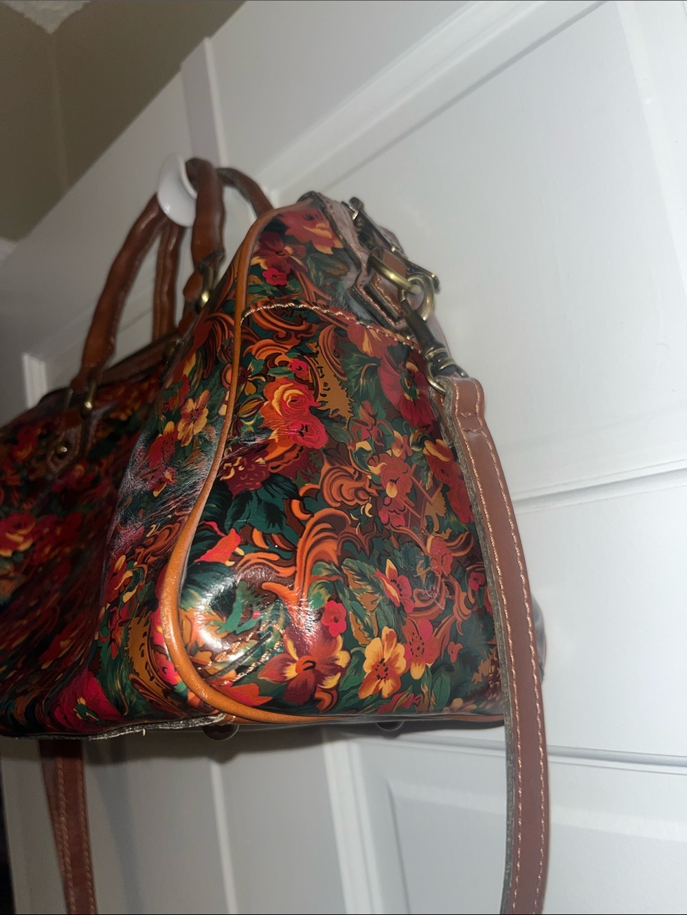 Patricia Nash Floral Patent Leather Satchel Handbag - Red & Brown - Picture 5 of 8